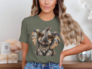 Olive green t-shirt with a cartoon elephant wearing sunglasses and a diamond necklace.