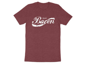 Maroon t-shirt with white "Enjoy Bacon" text in a vintage style.