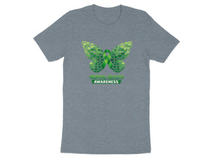 Grey t-shirt with butterfly made of green hearts and "Mental Health Awareness" text.