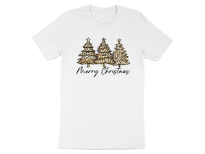 White t-shirt with three leopard print Christmas trees and "Merry Christmas" text.