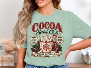 Cocoa Social Club t-shirt with hot cocoa mug and winter gatherings text.