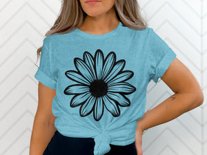 Light blue t-shirt with a black outline daisy graphic.