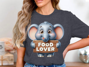 Cute cartoon elephant holds wooden sign with "FOOD LOVER" text.