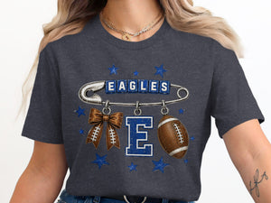 Dark grey shirt with "EAGLES" text and football-themed bow, letter E, and football graphic.