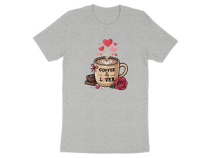 Coffee is my lover text on a mug with hearts, rose, and chocolate.