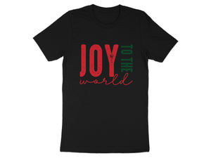 Black t-shirt with red and green "Joy to the World" text.