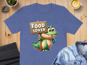 Cartoon alligator holding a wooden sign that says "Food Lover".