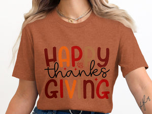 T-shirt with "Happy Thanksgiving" text and autumn leaf graphic.