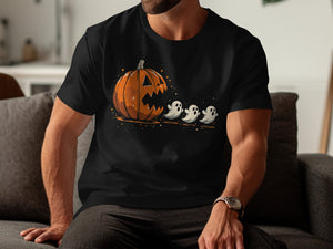 Black t-shirt with a jack-o'-lantern and three ghosts graphic illustration.
