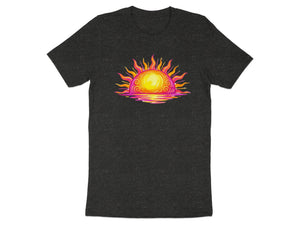 Dark grey t-shirt with a stylized sun setting over water graphic.