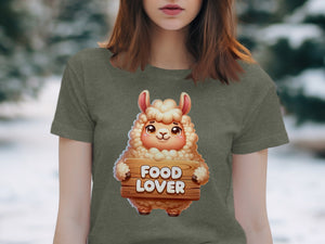 Cute llama holding a wooden sign that says "FOOD LOVER."