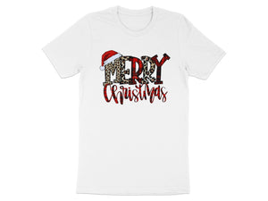 White t-shirt with "Merry Christmas" text featuring Santa hat, leopard print, and plaid patterns.