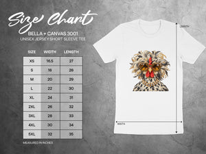 Size chart for Bella + Canvas 3001 unisex t-shirt with measurements.