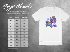 Bella + Canvas 3001 unisex tee size chart with measurements and graphic.