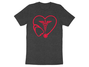 Dark grey t-shirt with red stethoscope forming a heart around a caduceus.