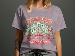 Mahjong tiles and flowers with "Mahjong Social Club" text on a t-shirt.