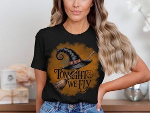 Black t-shirt with witches hat and broom graphic, reads "Tonight We Fly".