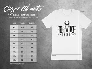 Size chart for Bella + Canvas 3001 Unisex Jersey short sleeve tee with measurements in inches.