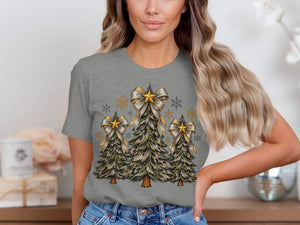 Grey t-shirt with three leopard print Christmas trees adorned with gold bows and stars.