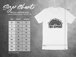 Size chart for BELLA + CANVAS 3001 unisex tee showing size, width, and length measurements in inches.