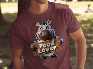 Cartoon zebra holding wooden sign that says "Food Lover"