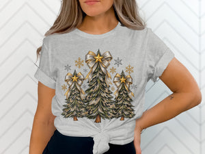 Light grey t-shirt with leopard print Christmas trees and gold bows.
