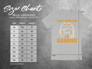 Unisex short sleeve tee size chart with game controller and headphones graphic.