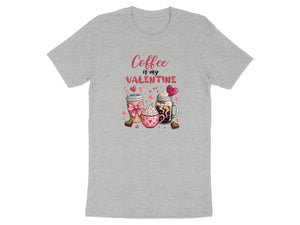 Gray t-shirt with "Coffee is my Valentine" text and heart-themed drinks.