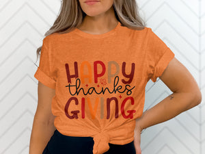Orange t-shirt with "Happy Thanksgiving" text and fall leaf graphic.