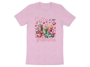 Pink t-shirt with "Coffee is my Valentine" text, coffee cups, roses, and heart decorations.