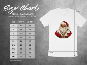 Bella + Canvas 3001 unisex jersey tee size chart with width and length measurements.