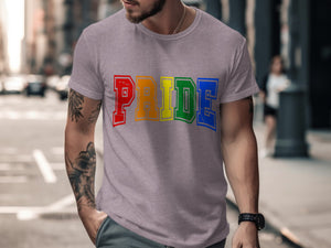 Grey t-shirt with rainbow "PRIDE" text in collegiate font.