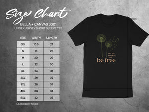 Size chart for Bella + Canvas 3001 unisex jersey t-shirt with dandelion graphic.