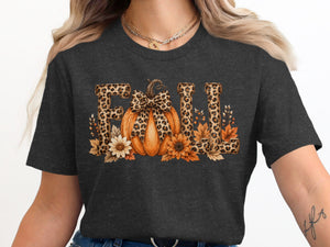 Dark t-shirt with "FALL" text featuring a pumpkin and leopard print.