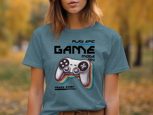 T-shirt with "PLAY EPIC GAME MODE ON!" and a colorful controller graphic.