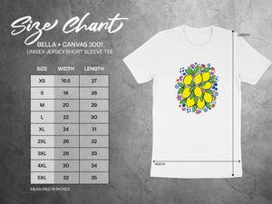 BELLA + CANVAS 3001 unisex size chart with width and length measurements.