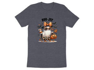 Ghost in Halloween dress holding pumpkin and coffee, with text "BOO-JEE".