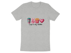 Grey t-shirt with coffee, peace sign, fries, and heart graphics and "Coffee is my valentine" text.