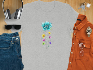 Grey t-shirt with blue and multi-colored floral "mama" design.