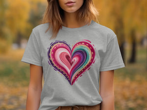 Grey t-shirt with a colorful, abstract heart graphic with gold accents.