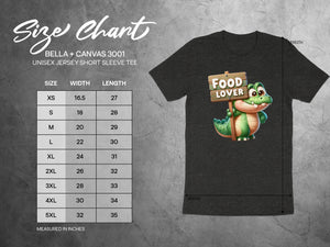 Size chart for Bella + Canvas 3001 unisex t-shirt with alligator graphic holding "Food Lover" sign.