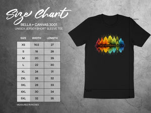Size chart for Bella + Canvas 3001 unisex short sleeve tee with width and length measurements.