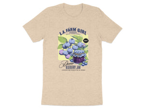 L.A. Farm Girl blueberry jam graphic with jar and blueberries on a t-shirt.