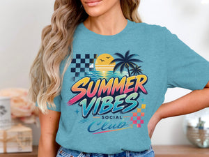 Blue t-shirt with "Summer Vibes Social Club" graphic featuring a sunset beach scene.