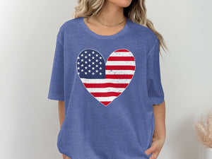 Blue t-shirt with distressed American flag heart graphic on chest.