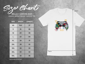 Size chart for Bella + Canvas 3001 unisex short sleeve tee.