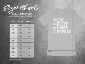 Size chart for Bella + Canvas 3001 unisex jersey short sleeve tee with measurements.