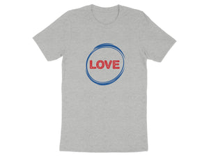 Grey t-shirt with red "LOVE" text inside blue concentric circles.