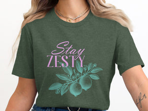 Green t-shirt with "Stay Zesty" text and lemon branch illustration.