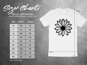 Size chart for Bella+Canvas 3001 unisex t-shirt with measurements in inches.